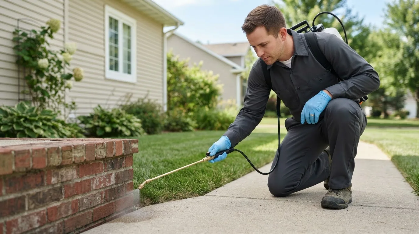 Pest control technician treating a home near East Lynne, MO
