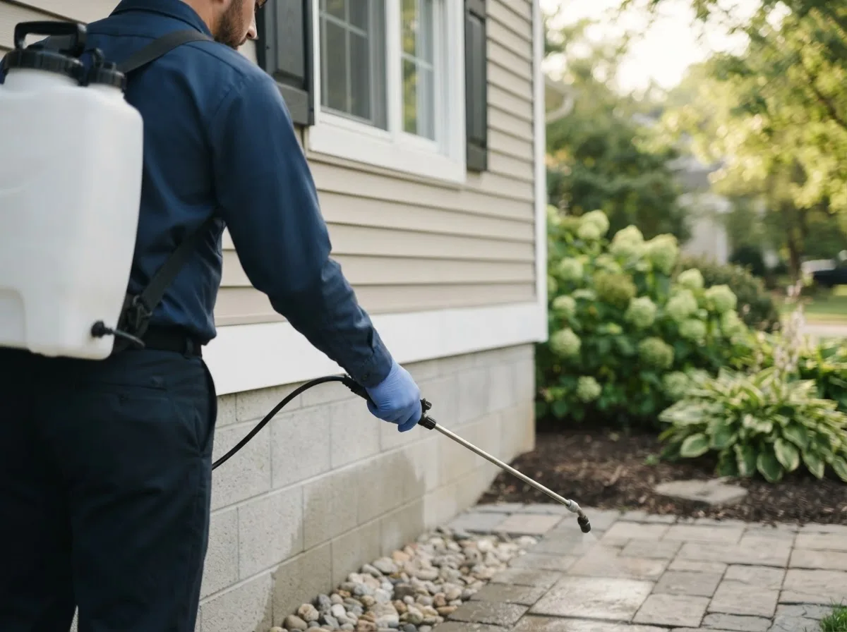 Pest control technician inspecting a home in East Lynne, MO
